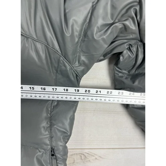 Athleta Down Puffer Jacket Womens Medium Gray Removable Hood Print Ski Outdoor - Picture 6 of 9
